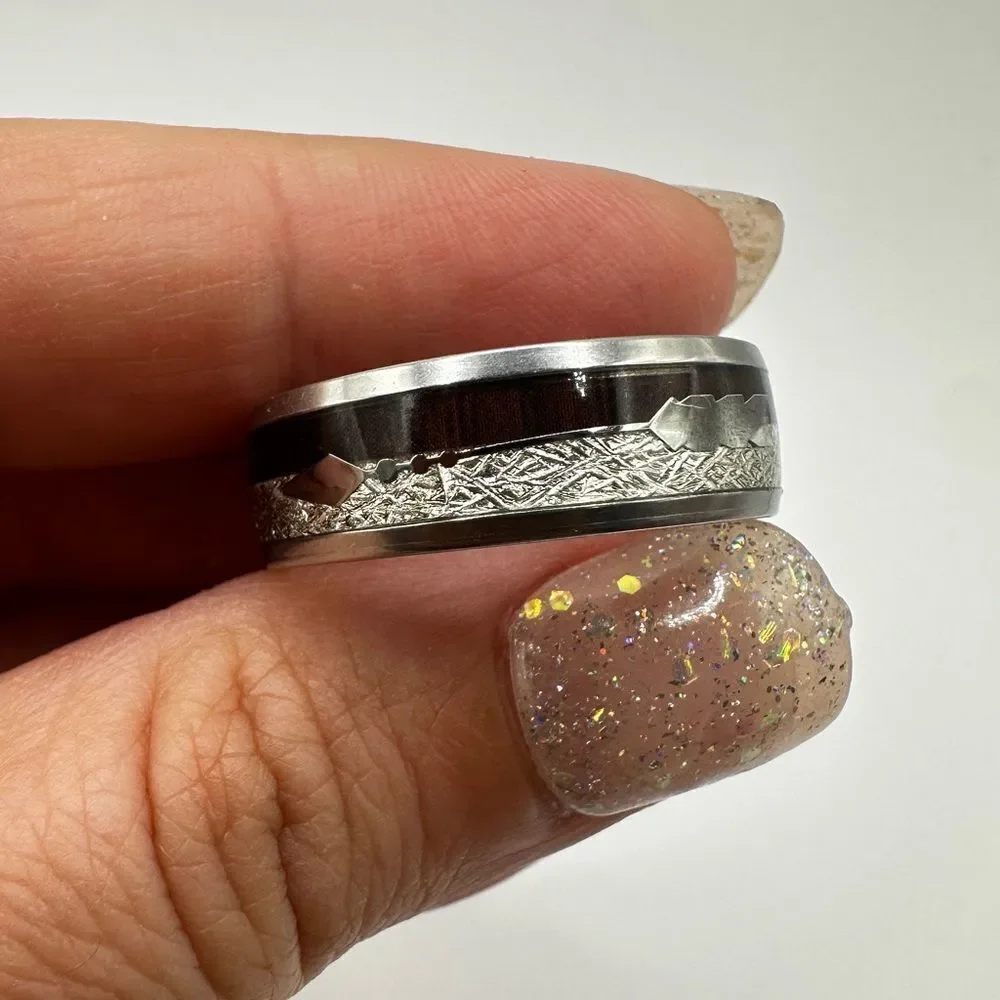 Men's size‎ 12.5 silver with resin/high polish scroll design, wood/ arrow ring!